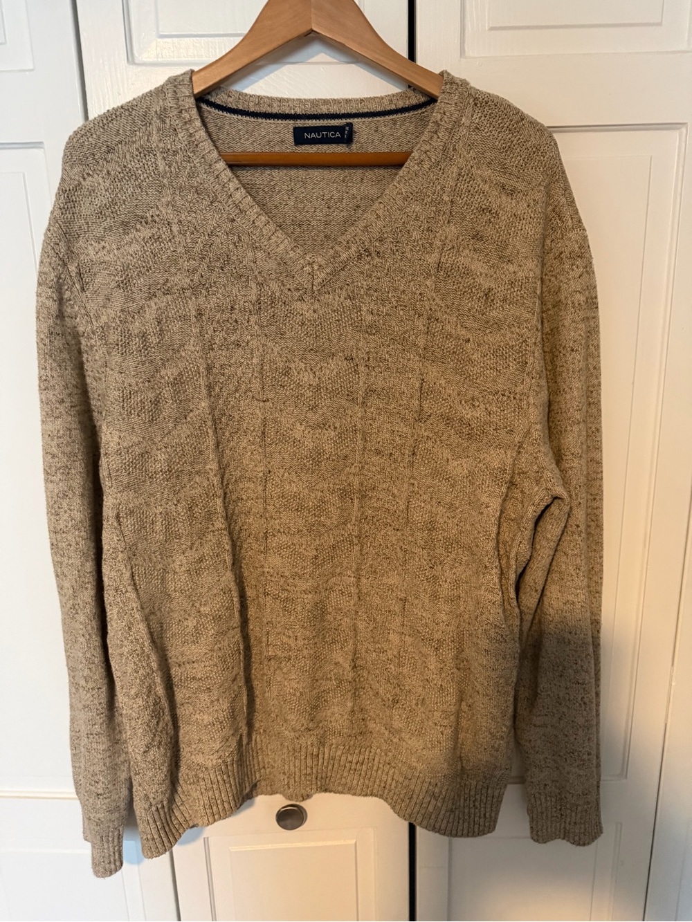 Nautica Men’s XXL Cable Knit V Neck 100% Cotton Sweater Tan Beige Preppy